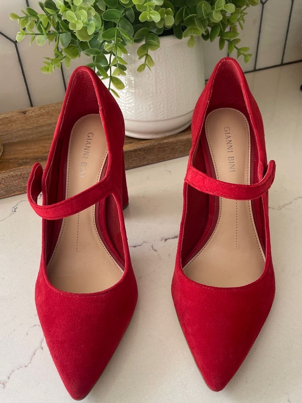 Gianni Bini Red Suede Mary Jane Pointed Pumps with Strap Size 8M